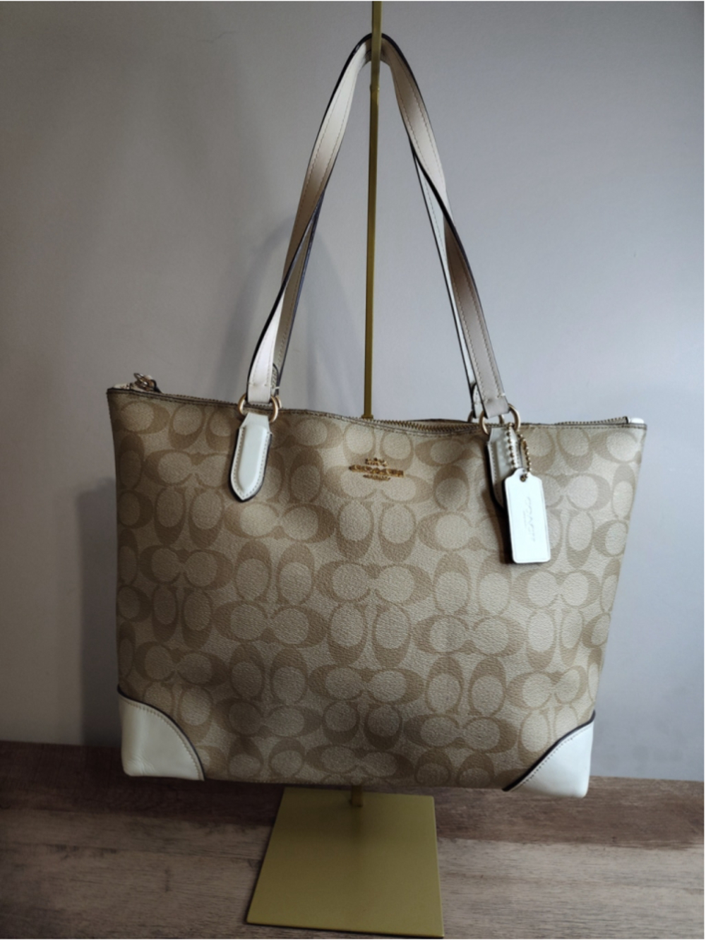 Women's Coach Signature Tote Bag One Size Beige and White